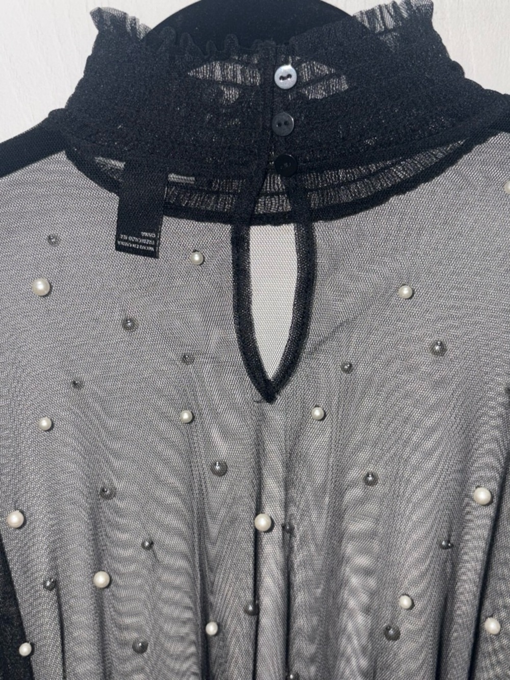 Black Sheer Mesh Pearl-Embellished Mock Neck Top
